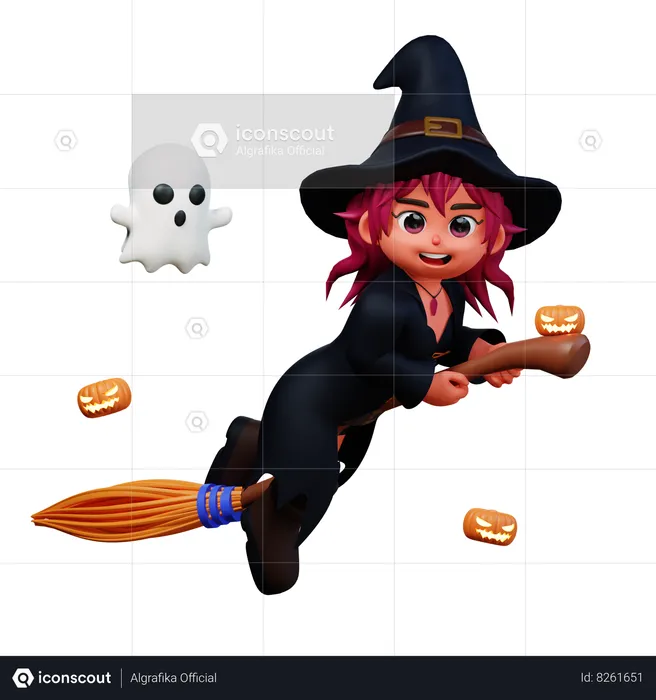 Witch Girl Flying On Broom  3D Illustration