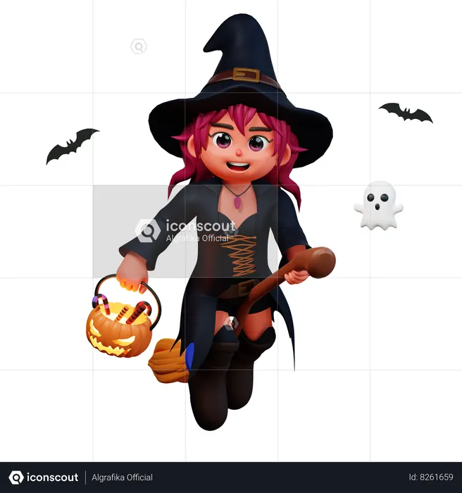 Witch Girl Flying On Broom Stick  3D Illustration