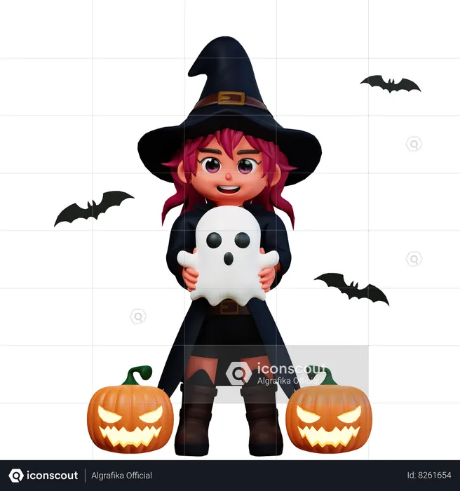 Witch Girl Holding Ghost  3D Illustration