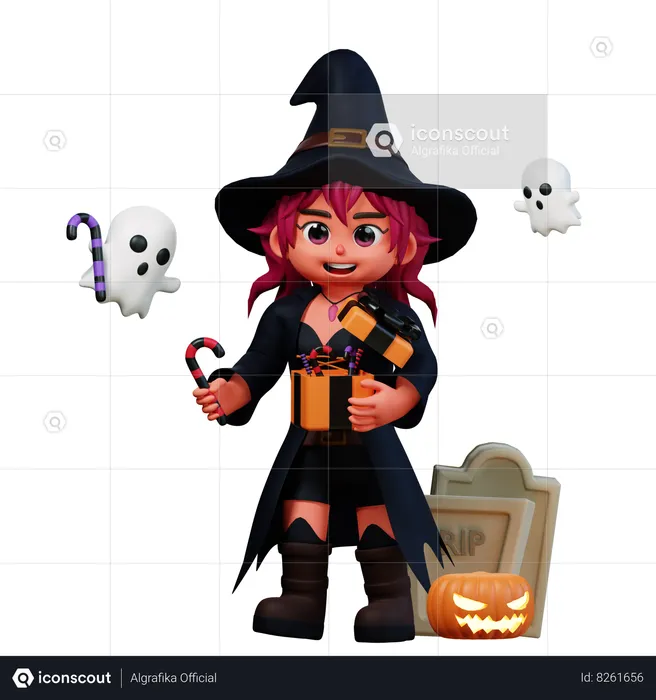 Witch Girl Holding Halloween Gift  3D Illustration