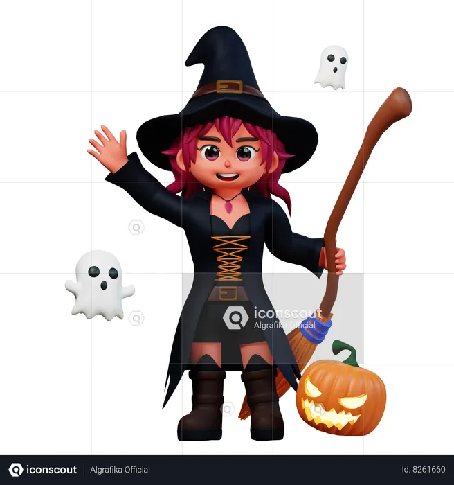 Witch Girl Saying Hi  3D Illustration