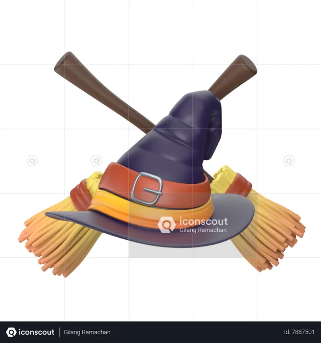 Witch Hat and Broom Stick  3D Icon