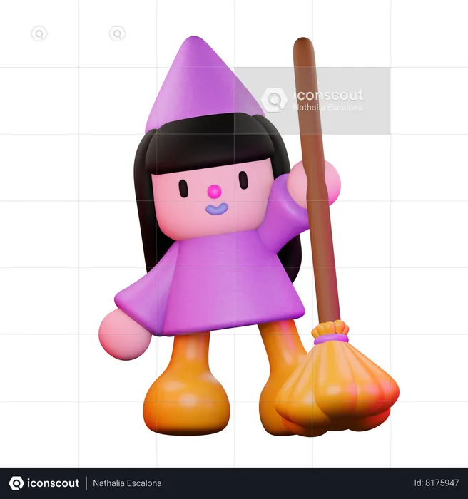 Witch Holding Broom  3D Illustration