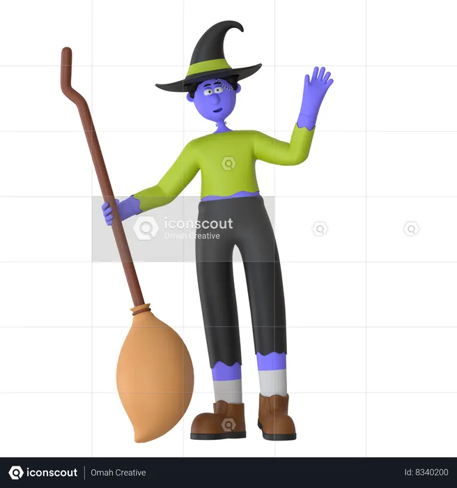 Witch Man Holding Broomstick  3D Illustration