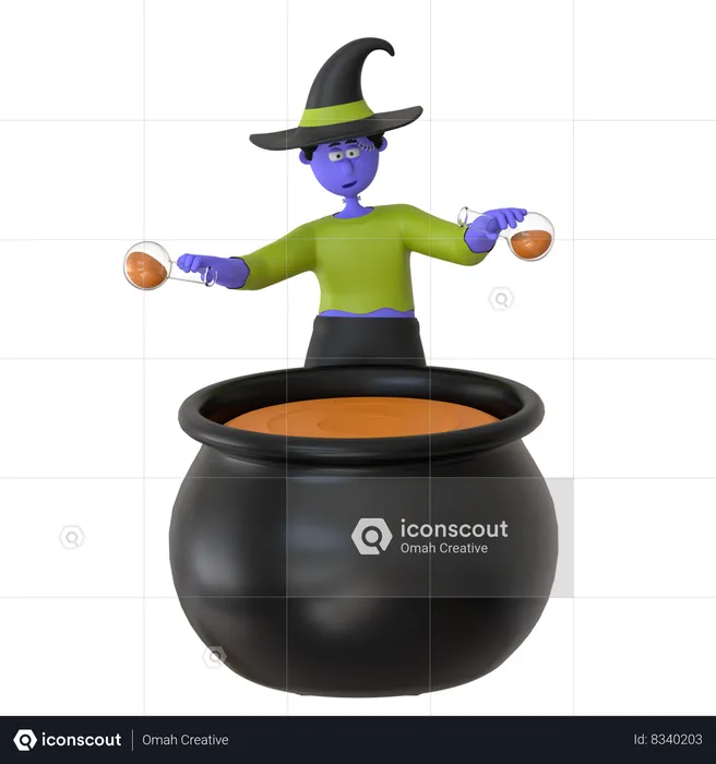 Witch Man Mixing Potion In Cauldron Pot  3D Illustration