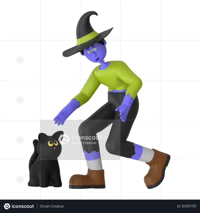 Witch Man Playing With Black Cat  3D Illustration