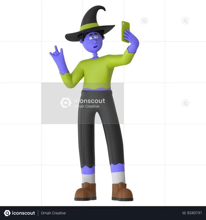 Witch Man Taking Selfie In Costume Characters Capturing Memories With Selfies In Their Spooky Costumes  3D Illustration