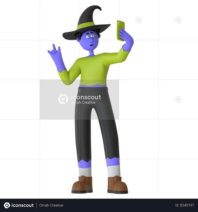 Witch Man Taking Selfie In Costume Characters Capturing Memories With Selfies In Their Spooky Costumes  3D Icon