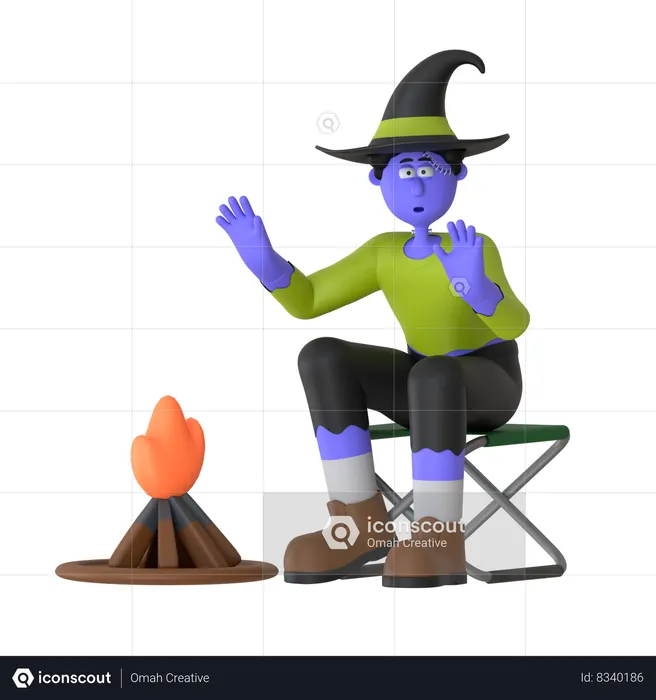 Witch Man Telling Ghost Stories Around Campfire  3D Illustration