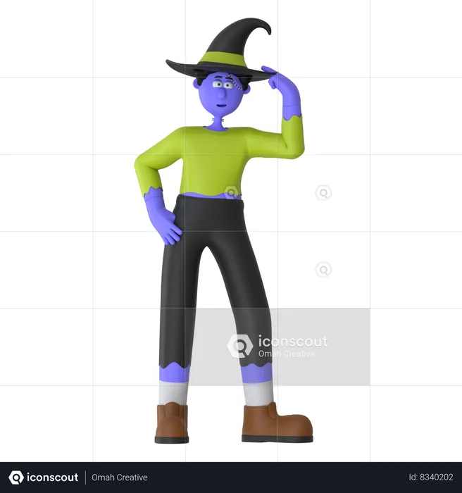 Witch Man Wearing Witch Hat  3D Illustration