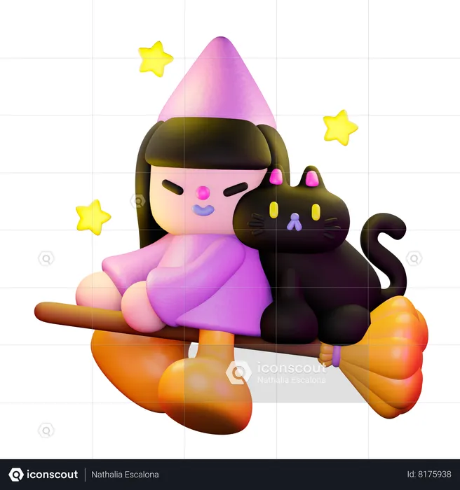 Witch Sitting With Cat On Broom  3D Illustration