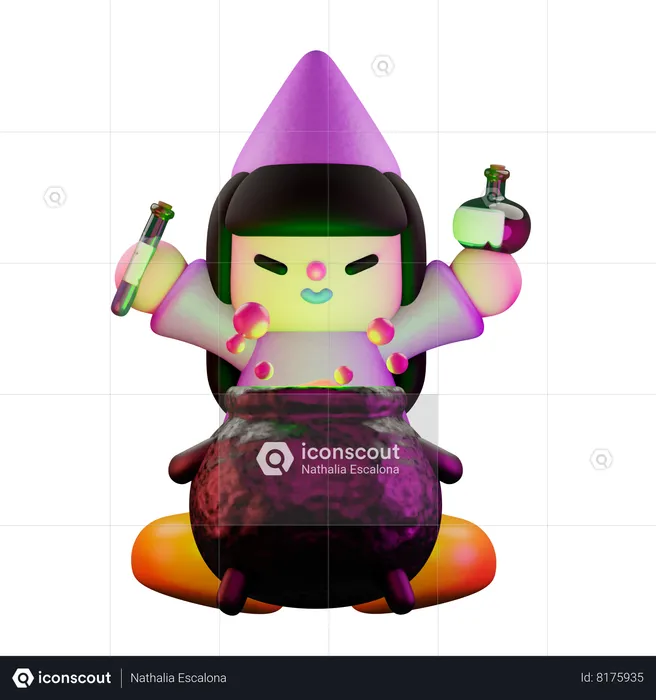 Witch With Potions And Cauldron  3D Illustration