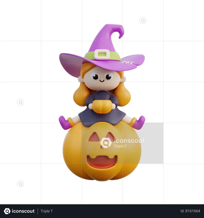 With girl sitting on scary pumpkin  3D Illustration