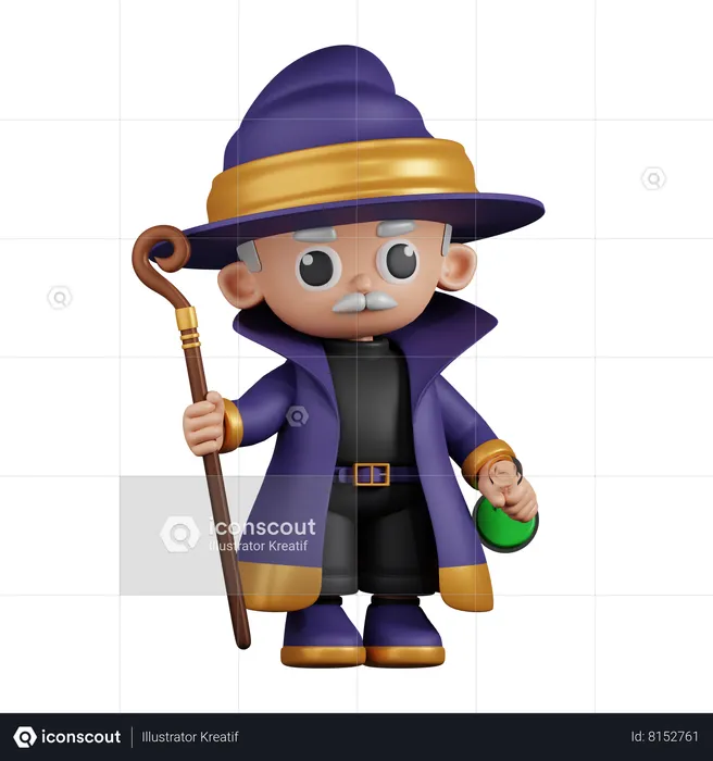 Wizard Holding His Stick and Potion  3D Illustration