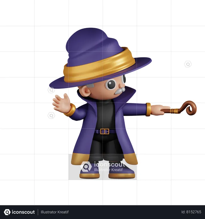 Wizard Pointing Up The Stick  3D Illustration