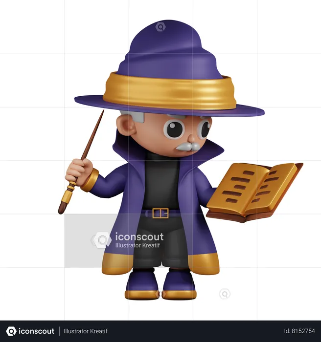 Wizard Reading A Spellbook While Holding Little Stick  3D Illustration