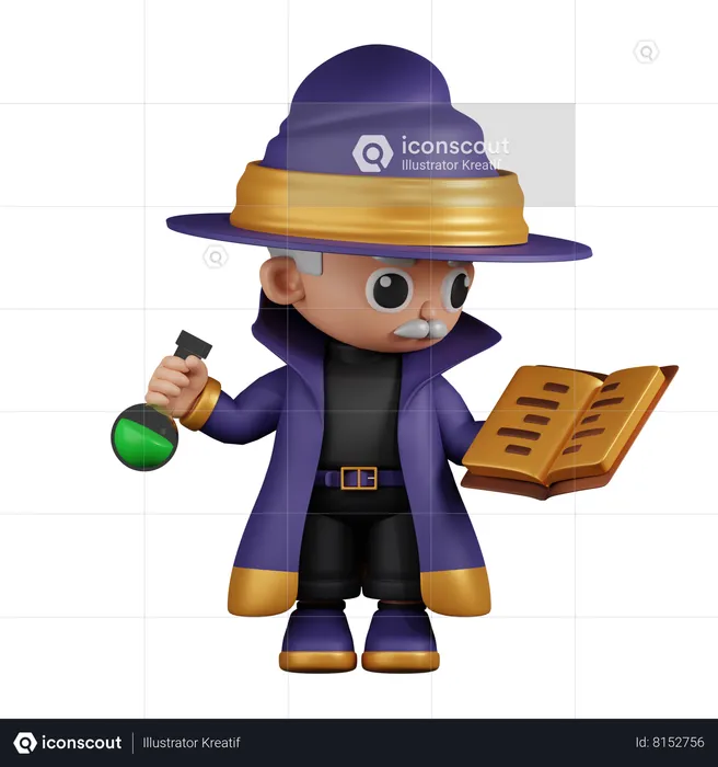 Wizard Reading A Spellbook While Holding Potion  3D Illustration