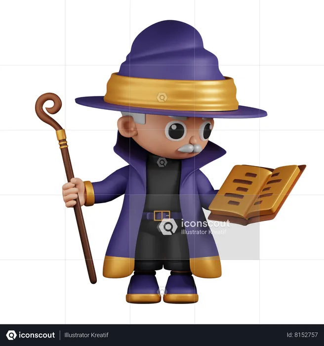 Wizard Reading A Spellbook While Holding Stick  3D Illustration