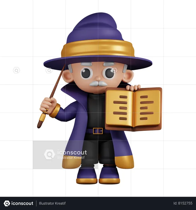 Wizard Showing Spellbook while Holding Little Stick  3D Illustration