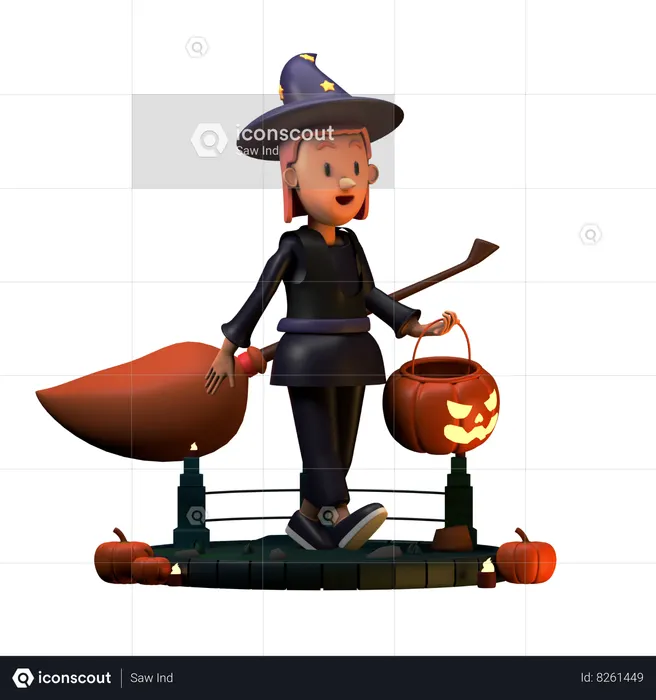 Wizard Walking With Pumpkin  3D Illustration