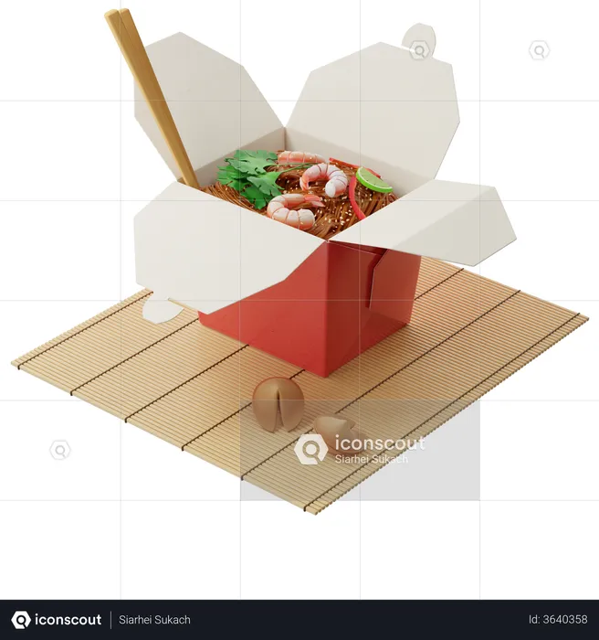 Wok noodles in a red box with shrimps  3D Illustration