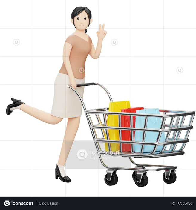 Woman Carrying Bags In Cart  3D Illustration