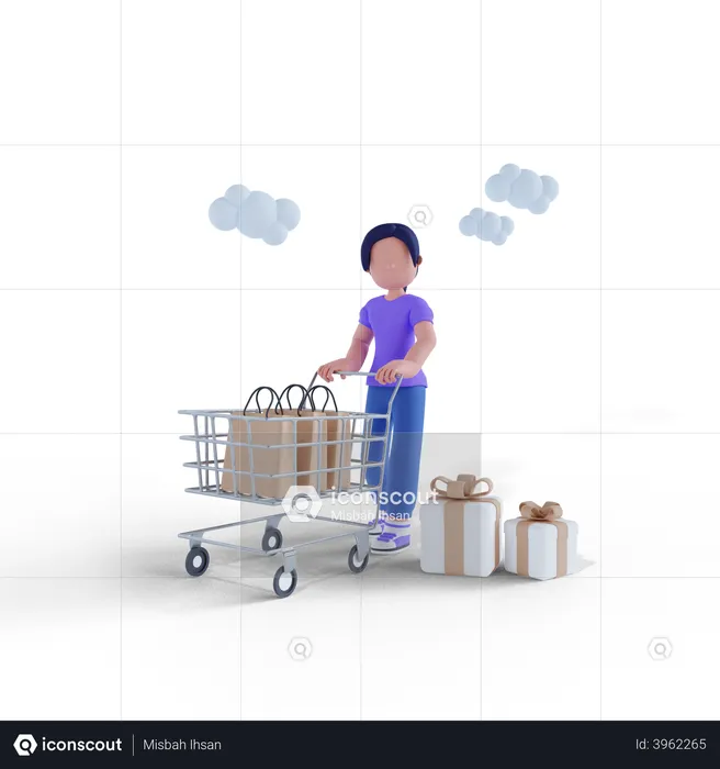 Woman carrying trolley after shopping  3D Illustration
