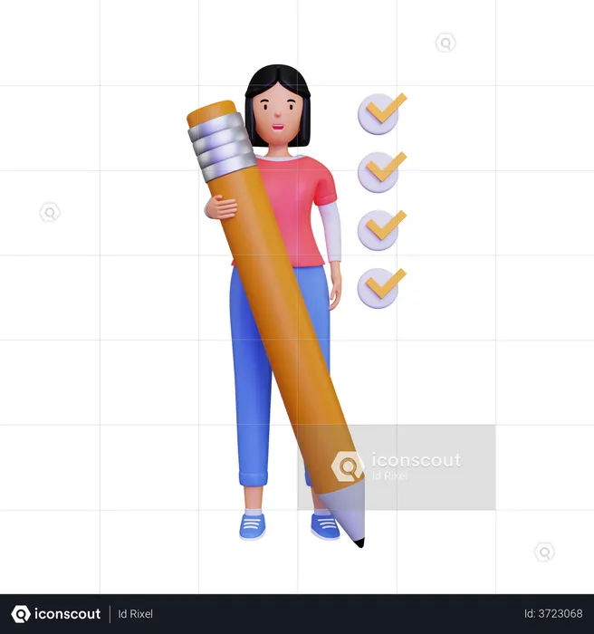 Woman checks the list with a pencil  3D Illustration