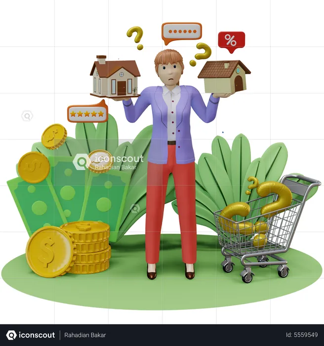 Woman confused about choosing a house  3D Illustration