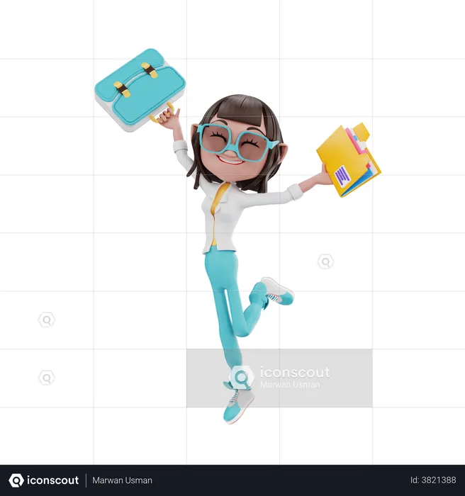 Woman dancing with suitcases and files  3D Illustration
