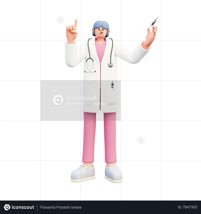 Woman Doctor Holding Syringe And Pointing Up  3D Illustration
