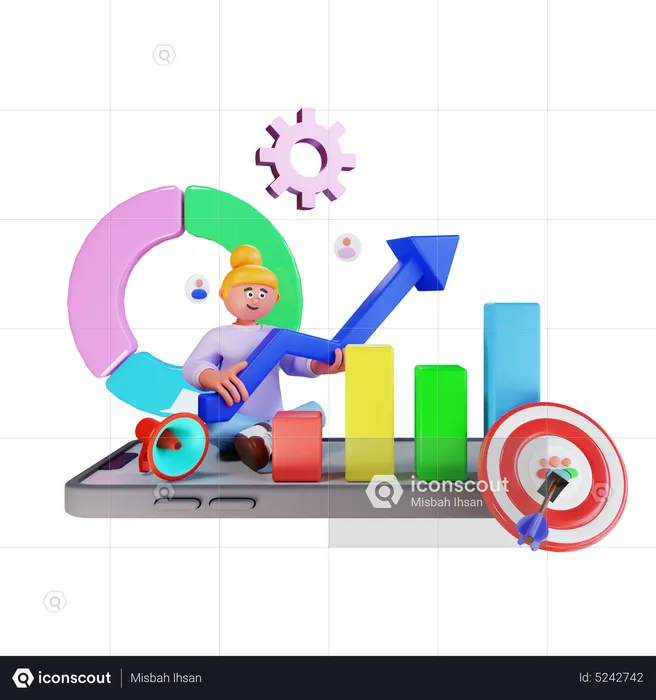 Woman doing digital marketing with big analytic graphic  3D Illustration