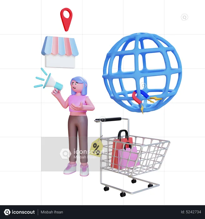 Woman doing digital marketing with megaphone store and cart  3D Illustration