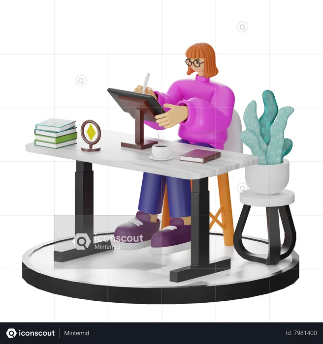 Woman Doing Drawing On Tablet  3D Illustration