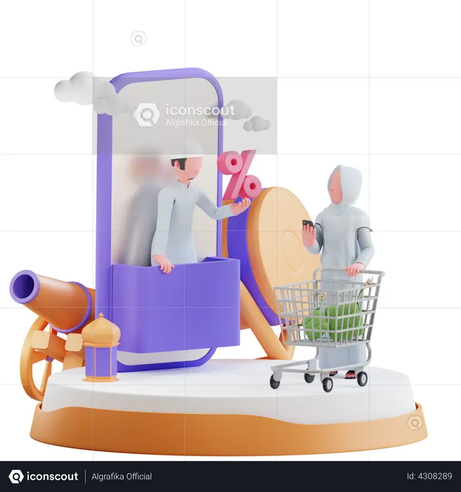 Woman doing online discount shopping in Ramadan  3D Illustration