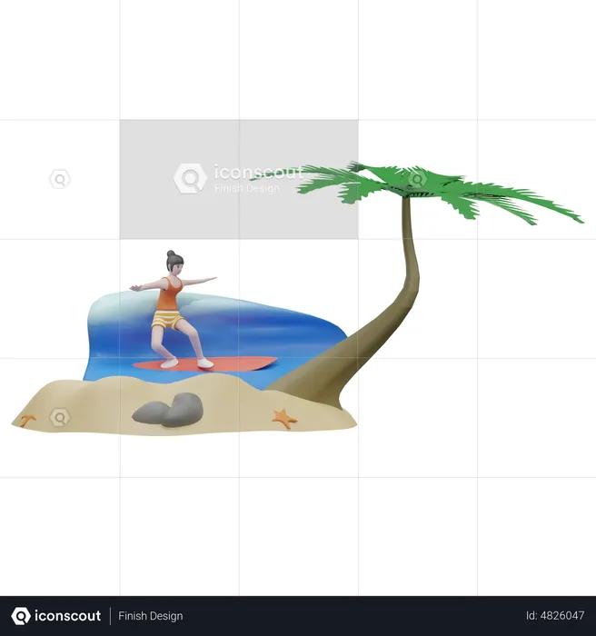 Woman Doing Surfing On Surfboard  3D Illustration