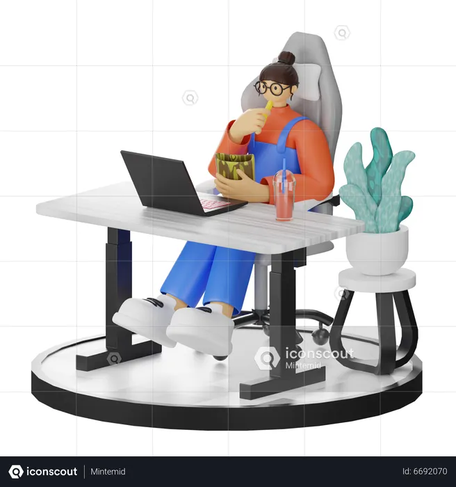 Woman eat snacks while working on laptop  3D Illustration