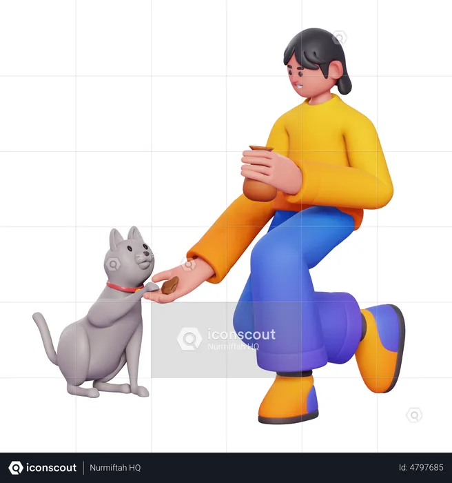 Woman Feeding Cat  3D Illustration