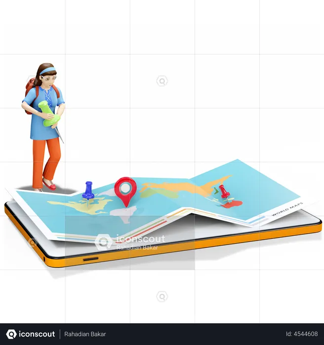 Woman Finding Location On Map  3D Illustration