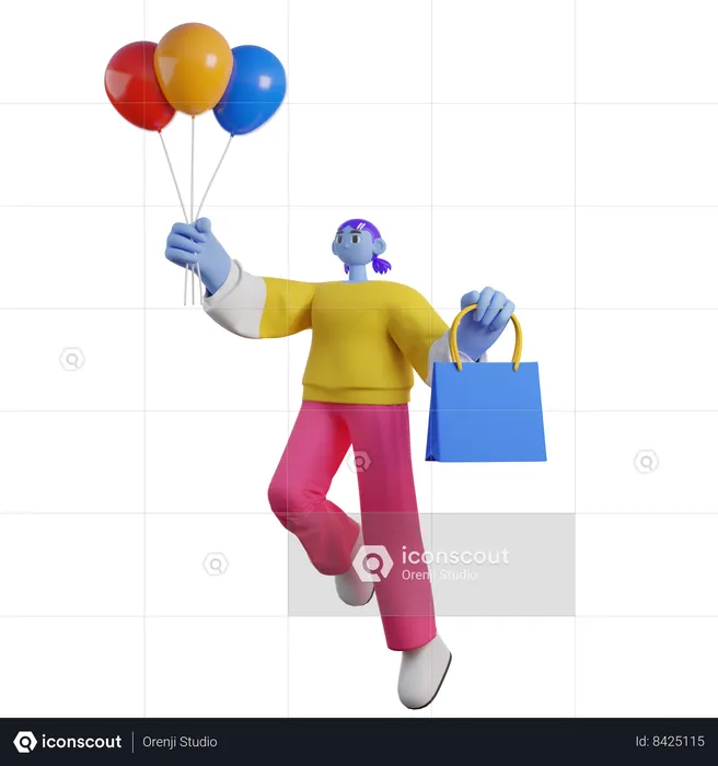 Woman Fly While Holding Balloons And Shopping Bags  3D Illustration