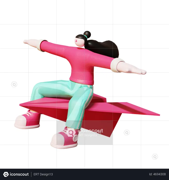 Woman Flying on paper plane  3D Illustration