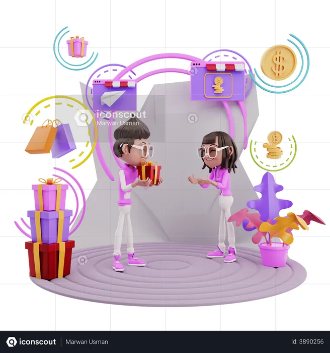 Woman getting online birthday gift  3D Illustration
