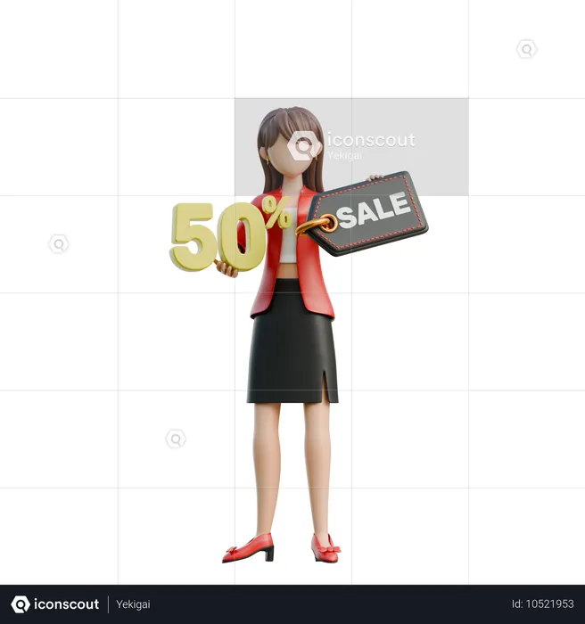 50% 할인이라는 표지판을 들고 있는 여성  3D Illustration