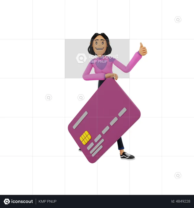 Woman holding bank card while showing thumbs up  3D Illustration