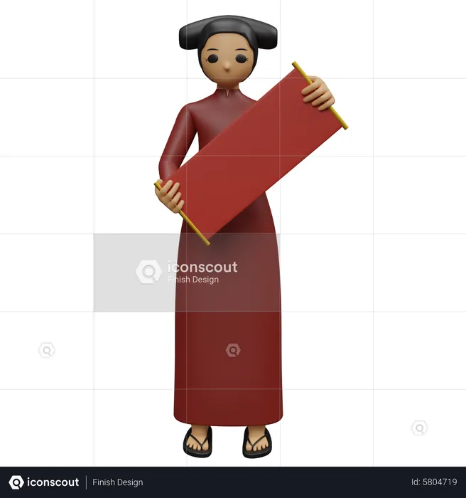 Woman holding Chinese banner and read new year message  3D Illustration