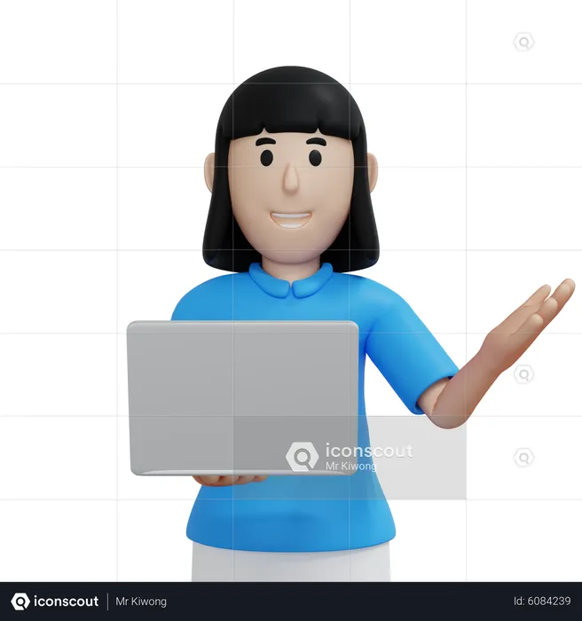 Woman holding laptop and explaining something  3D Illustration