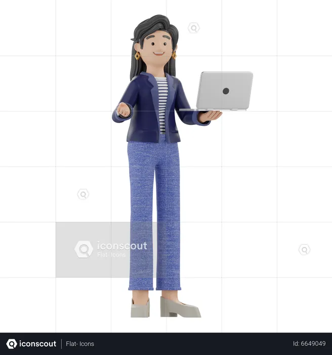 Woman Holding Laptop While Explaining Something  3D Icon