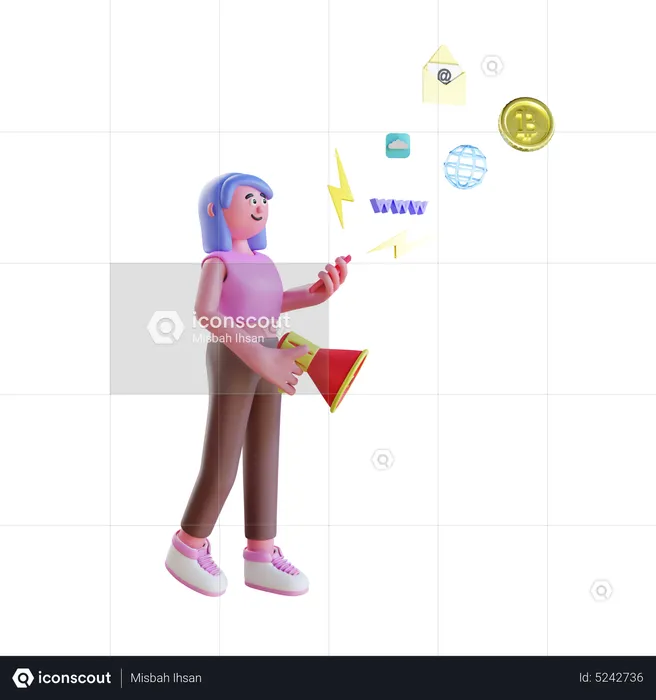Woman holding megaphone doing digital marketing  3D Illustration