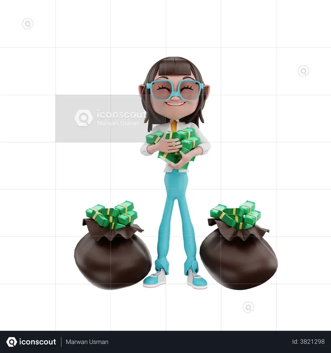 Woman holding money with money bag  3D Illustration
