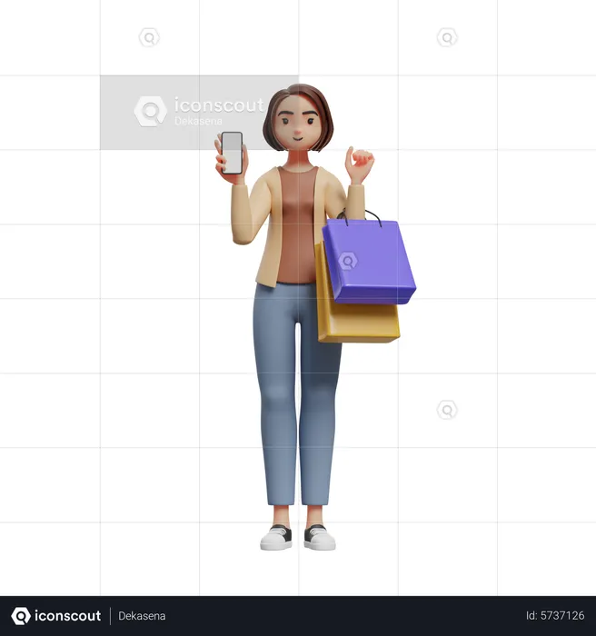 Woman holding shopping bags and suggesting shopping with mobile application  3D Illustration